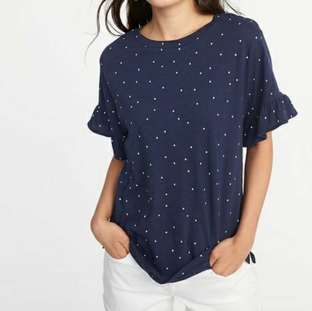 Old Navy Blue White Dot Flutter Sleeve Short Sleeve Crewneck Tee Shirt Medium